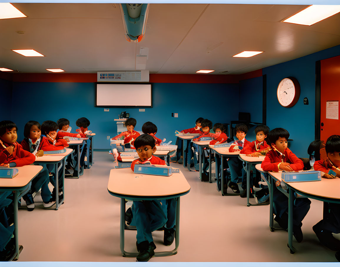 Classroom with children in red uniforms using tablets under warm lighting