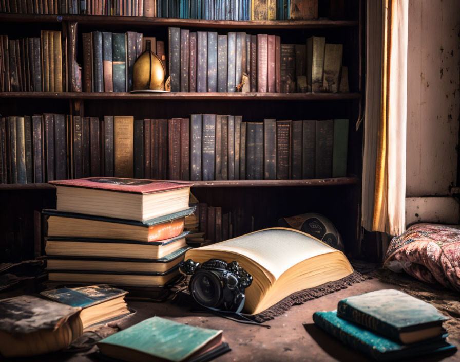 Vintage library with sunlight, old books, open book, antique telephone.