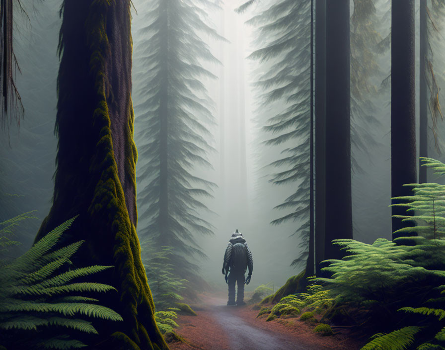 Foggy forest path with person in heavy jacket and beam of light