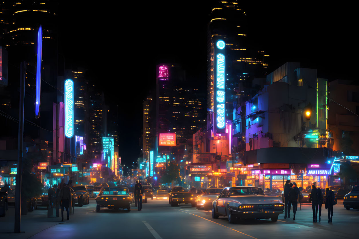 Vibrant city street at night with neon lights and skyscrapers