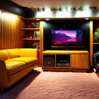 Retro-styled living room with yellow sofa and vintage audio equipment