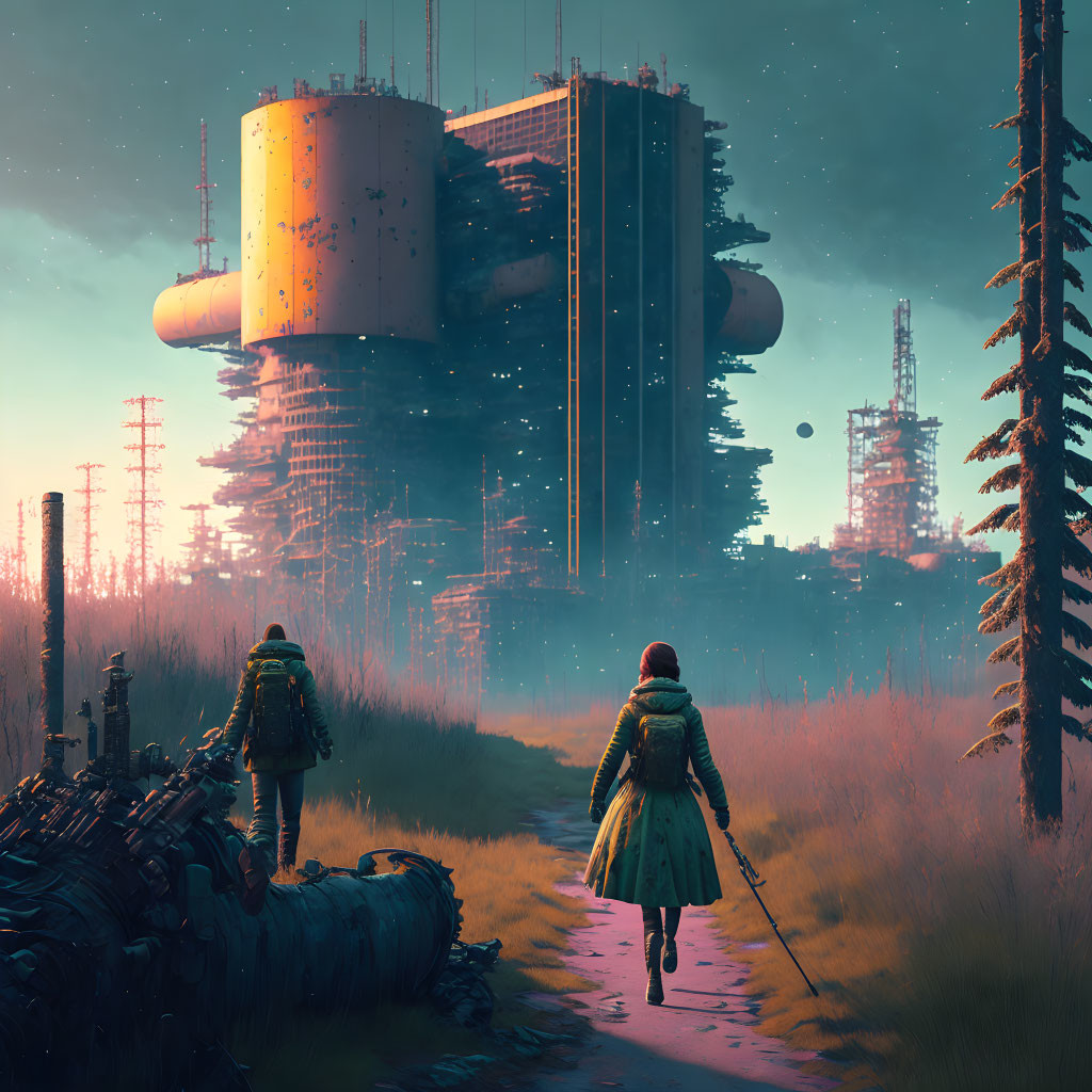 Two individuals walking to futuristic structure in wilderness at dawn or dusk