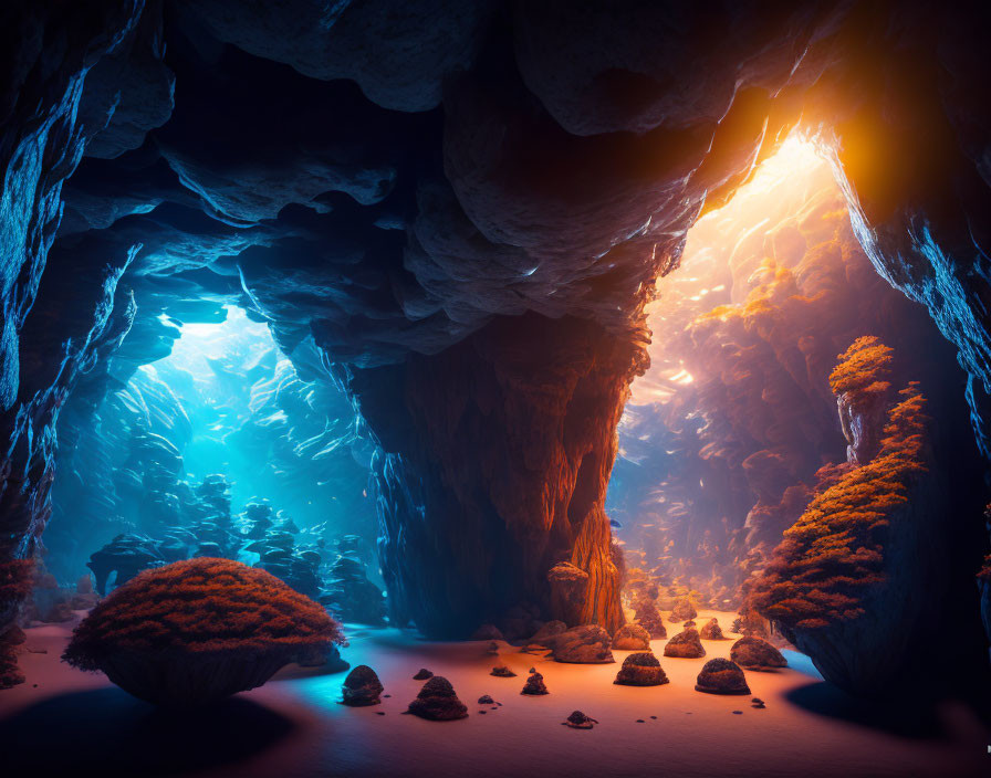 Mystical orange glow illuminates underwater cave with rock formations and marine flora