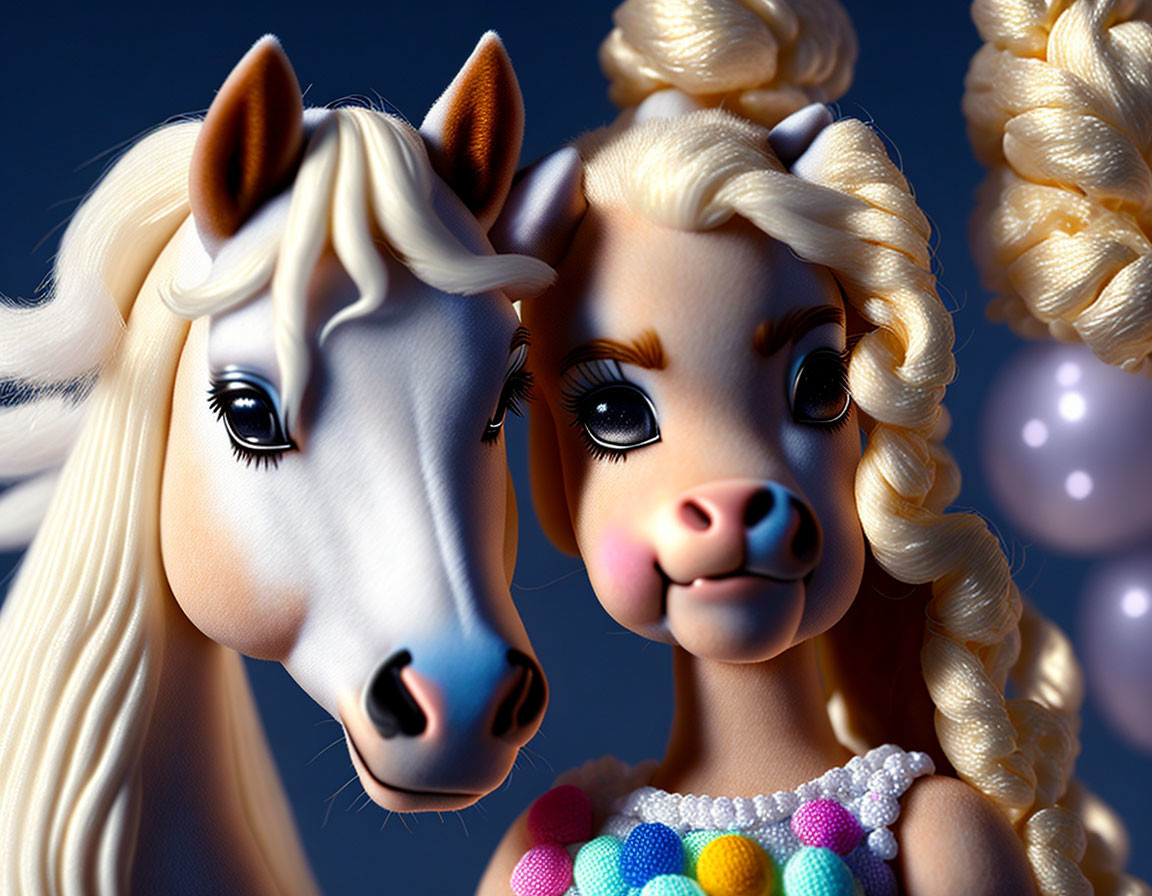 Toy figures: white horse & character with blonde braided hair & colorful beaded dress