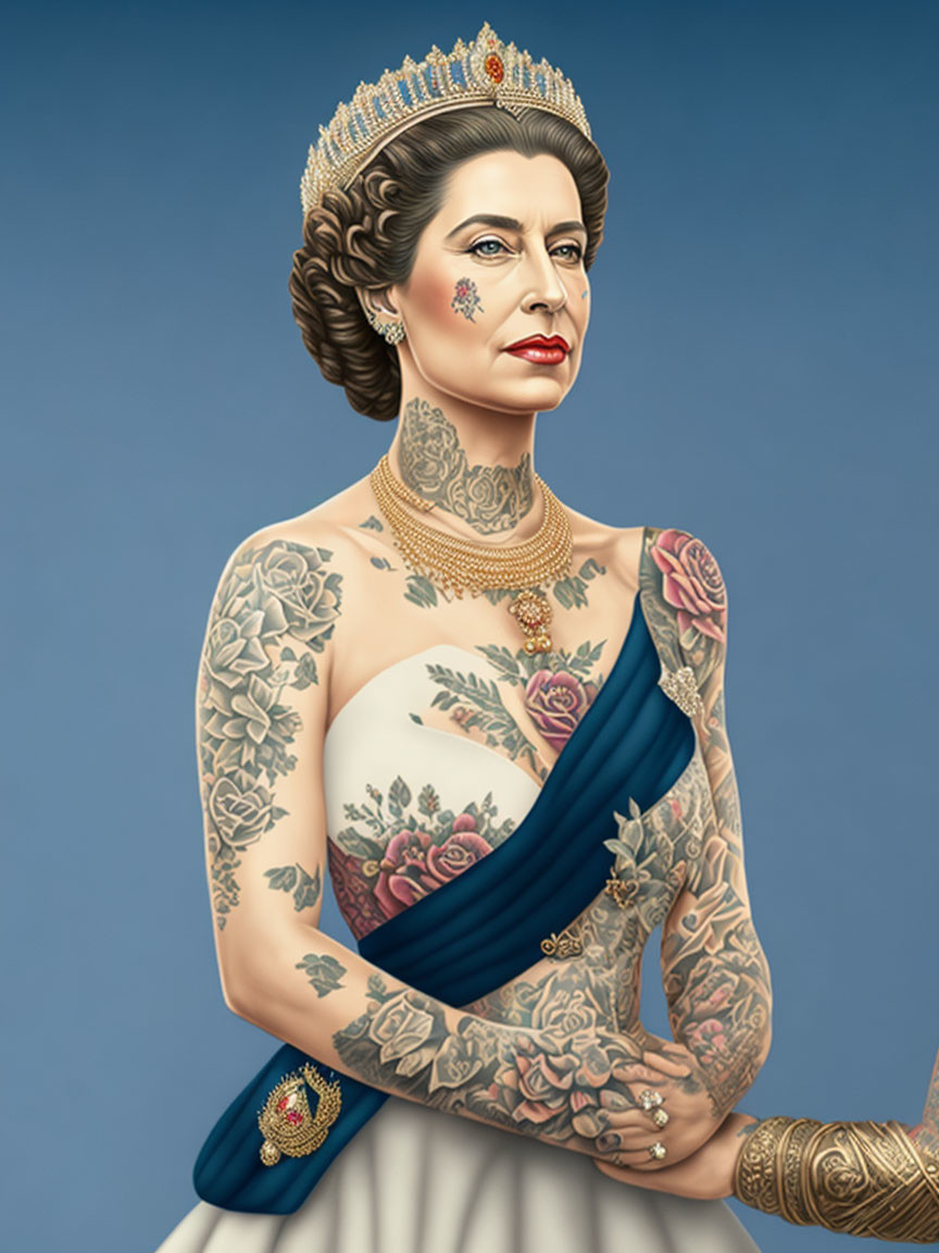 Illustration of a woman with crown, sash, jewelry, and detailed tattoo sleeve