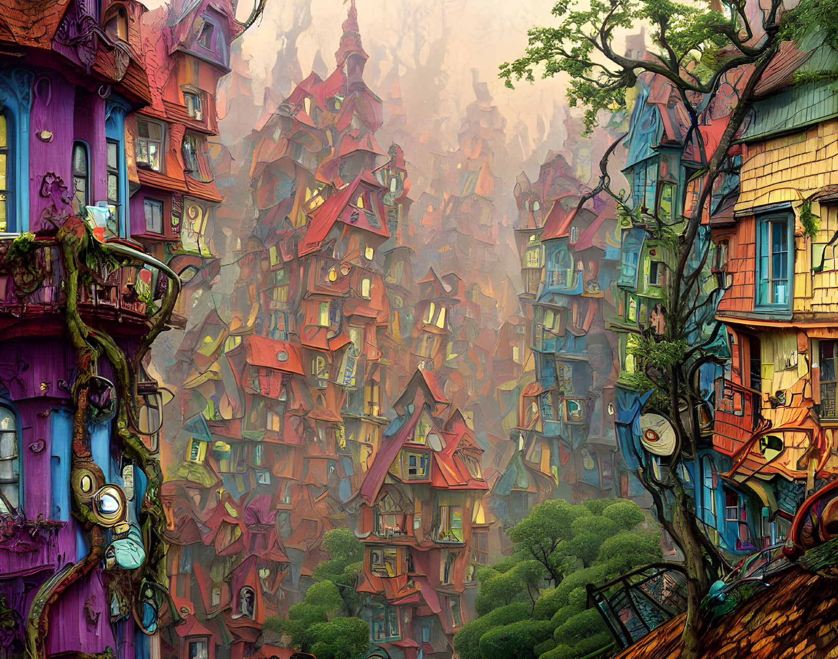 Colorful Whimsical Cityscape with Irregular Houses on Hilly Terrain