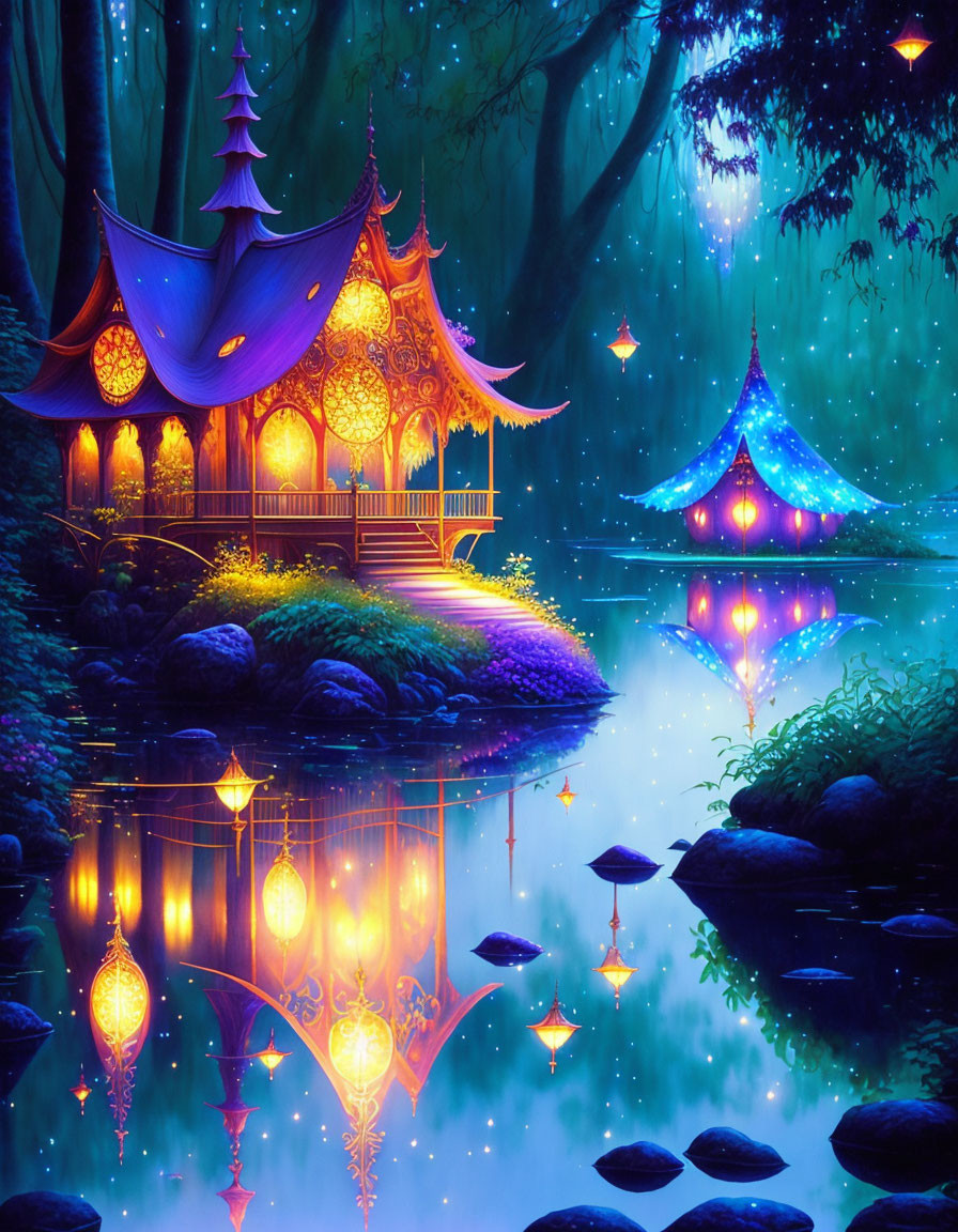 Enchanting glowing house in mystical forest with lanterns and serene pond