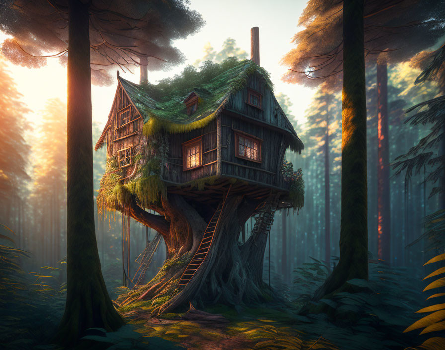 Rustic moss-covered treehouse in magical forest