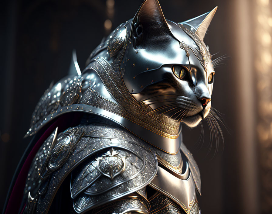 Realistic cat knight in silver and gold armor with enigmatic gaze