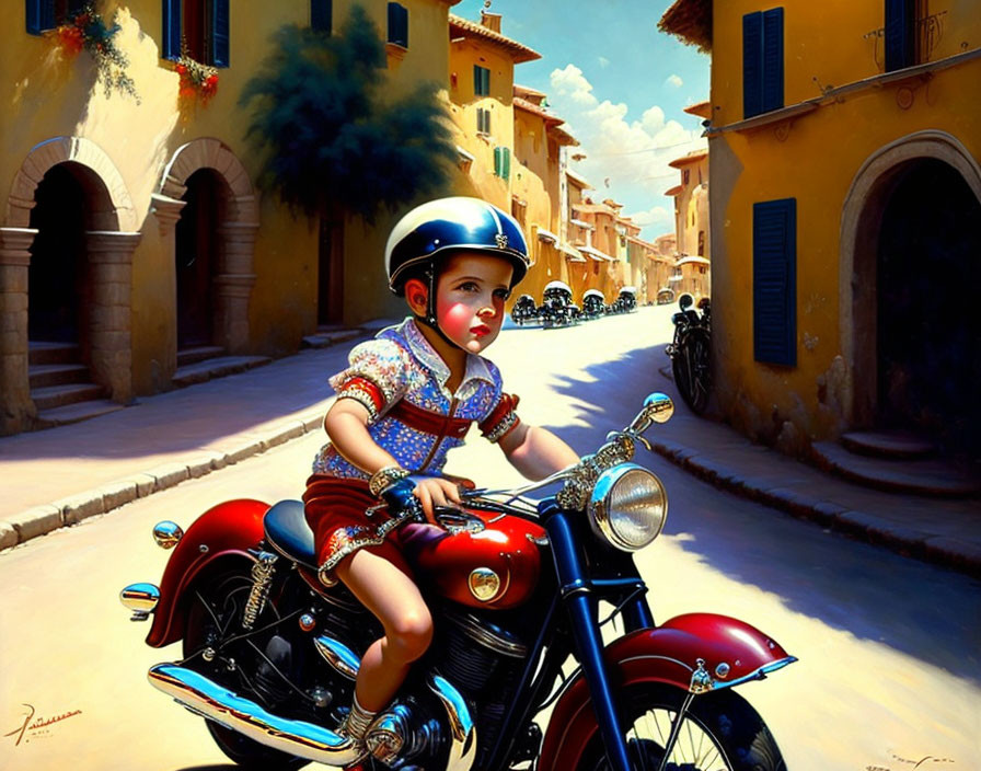 Child on Vintage Motorcycle in European Alley with Yellow Buildings