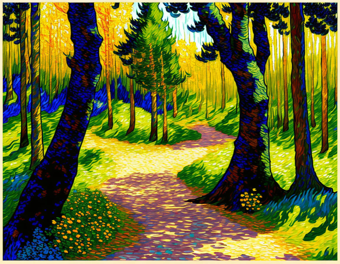 Colorful Expressionist Forest Path Painting with Blue, Yellow, and Purple Tones