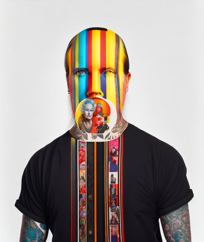 Surreal face merging colorful stripes and traditional art on white background