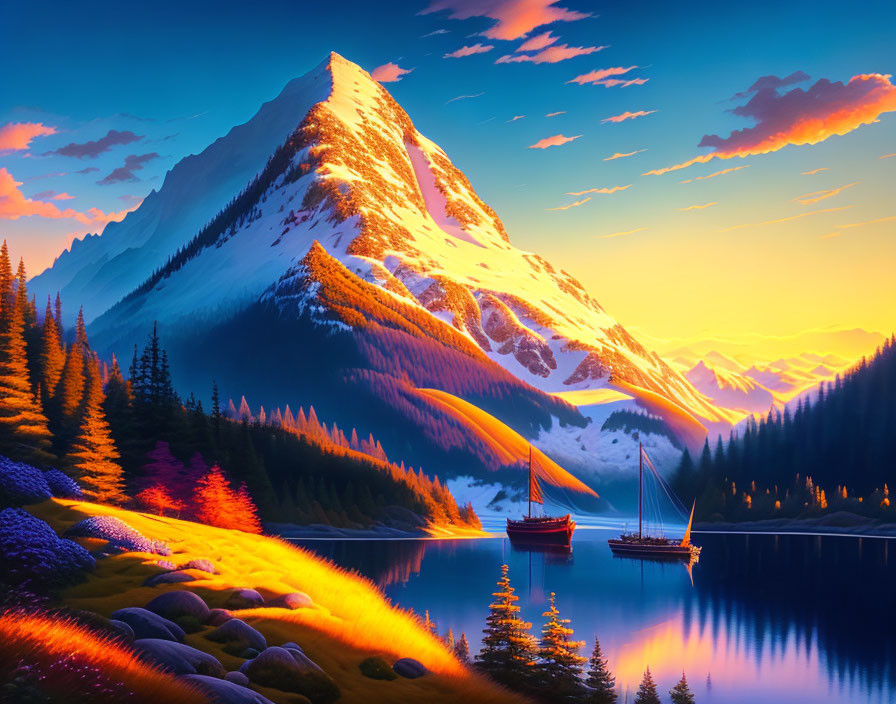 Colorful Sunset Scene: Sailboats on Lake with Mountain View