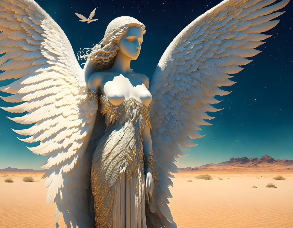 Majestic angel with white wings and golden gown in desert landscape