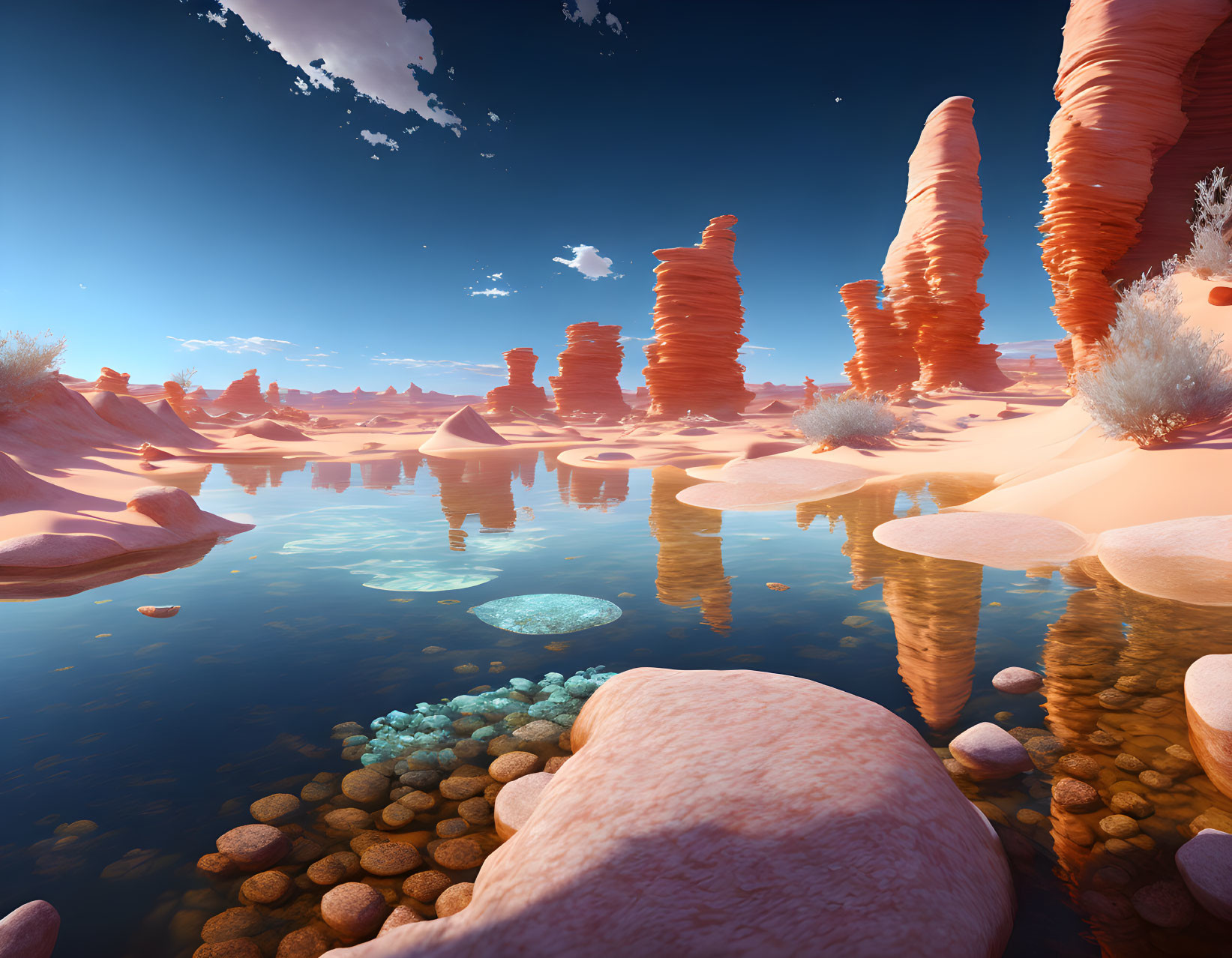 Tranquil desert landscape with rock formations, reflective water, and blue skies