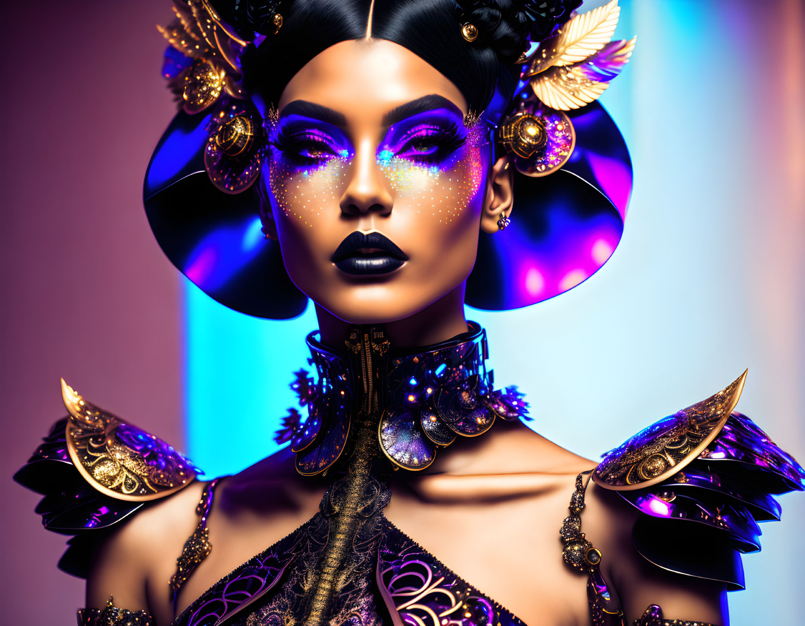 Futuristic woman with purple makeup and ornate headgear on gradient background