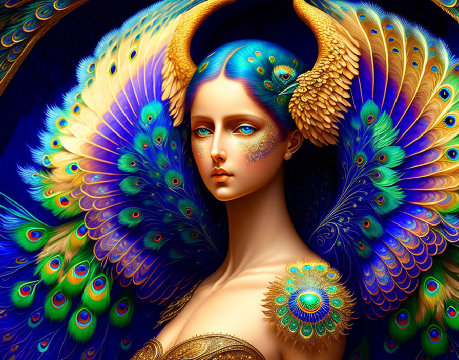 Digital art portrait of woman with blue skin, golden horns, and peacock feather adornments