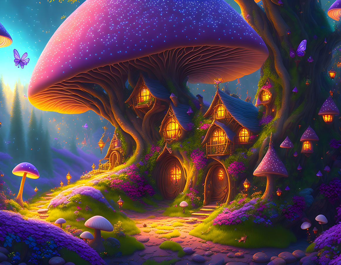 Magical Nighttime Forest with Mushroom Houses and Starry Sky