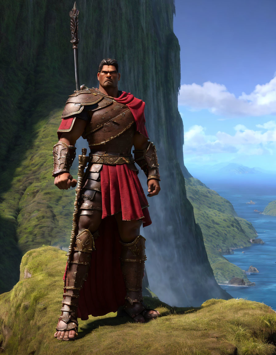 3D-rendered warrior in Roman-style armor with spear in scenic backdrop