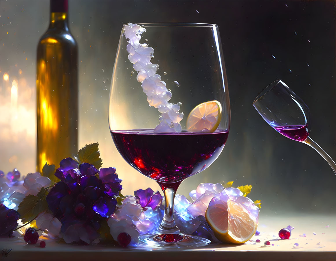 Vibrant still life with wine glasses, grapes, lemons, and candlelight