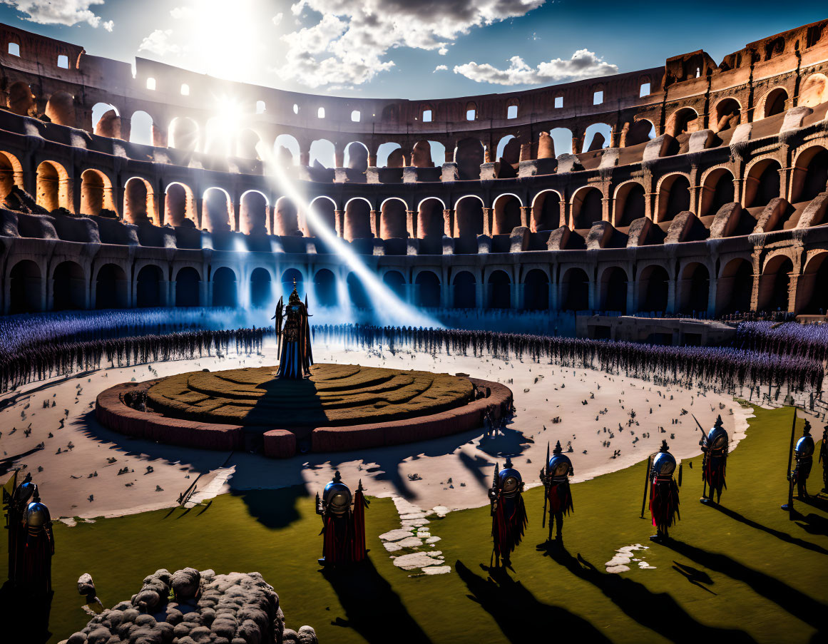 Sunlit Colosseum interior with leader addressing Roman soldiers and spectators