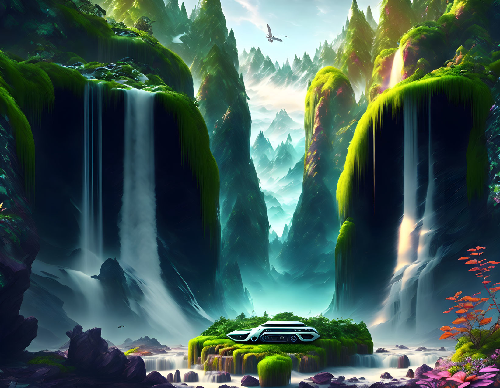 Vibrant greenery, dual waterfalls, serene pool, towering peaks, futuristic vehicle in mystical