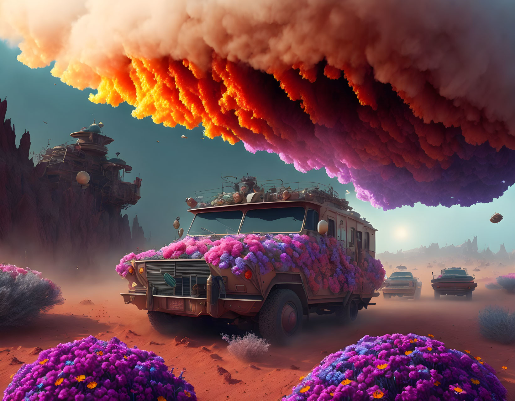 Vibrant purple flowers on retro-futuristic RV in desert landscape