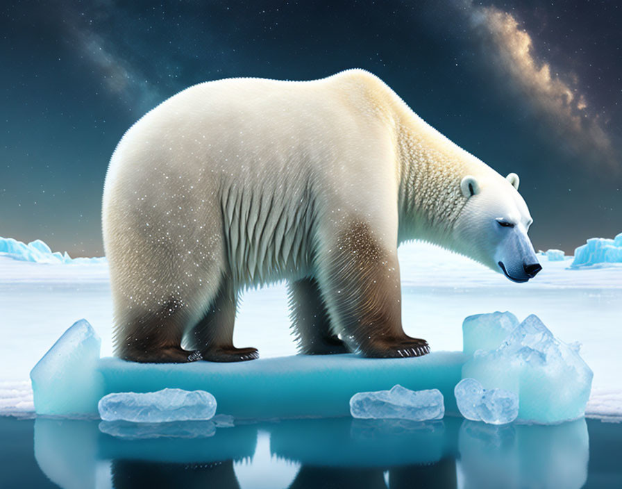 Polar bear on ice floe under starry night sky