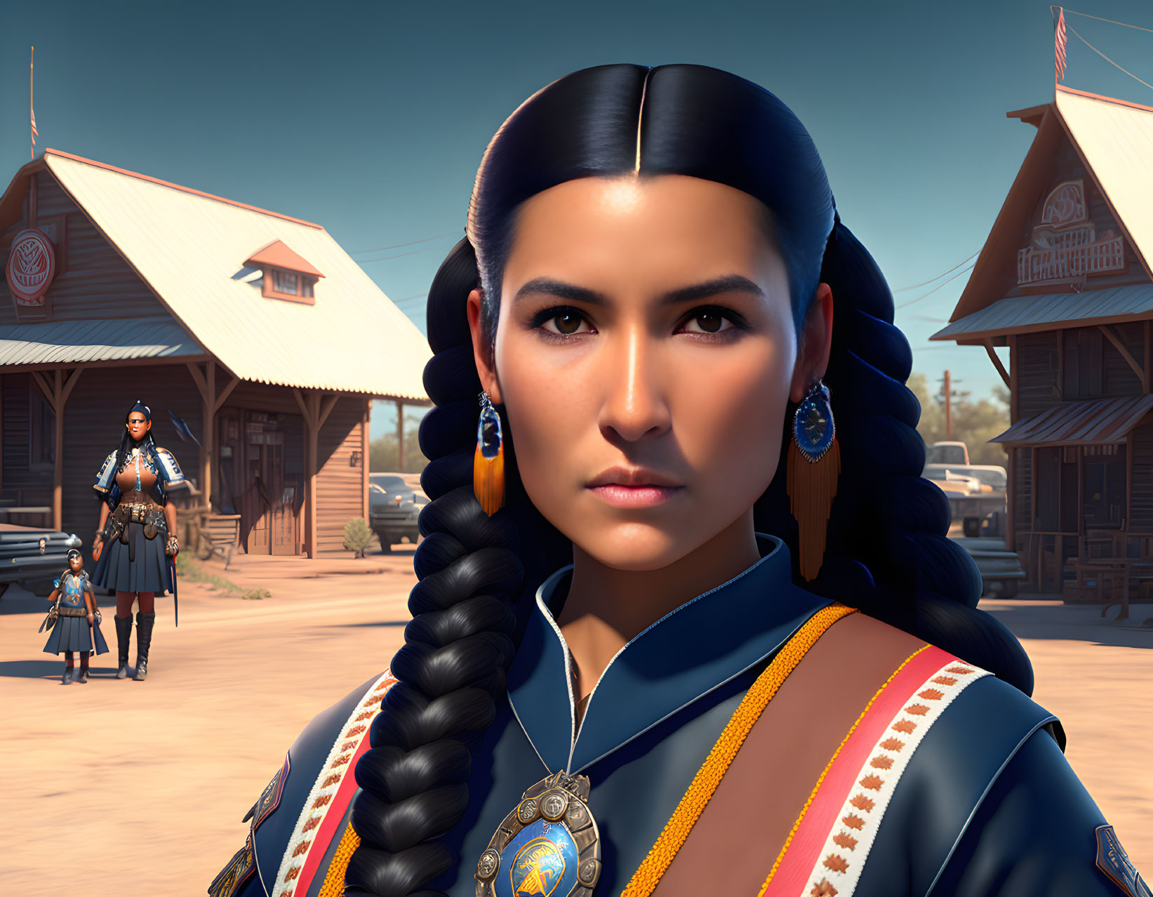 Digital illustration of woman in traditional attire with long braid in Wild West setting.