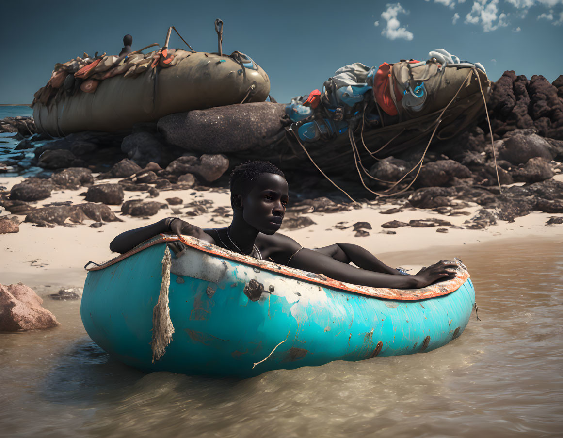 Person lounging in inflatable boat on rugged beach with larger boats in background