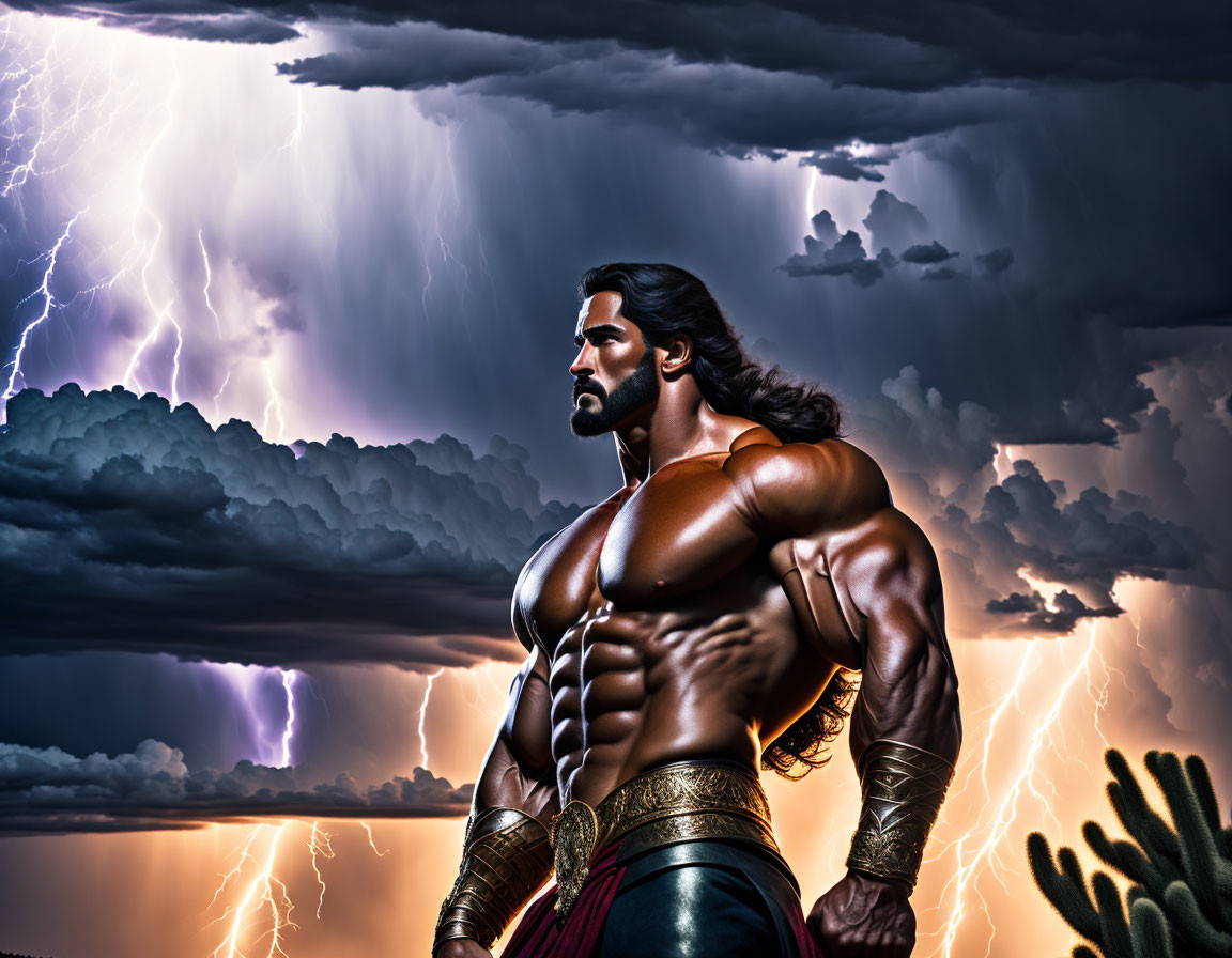 Muscular bearded character under stormy sky with lightning.