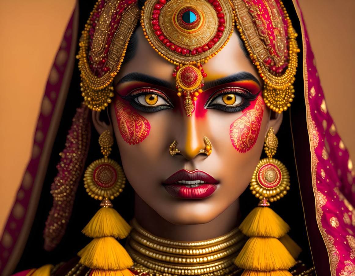 Detailed South Asian bridal makeup and jewelry in red and gold colors