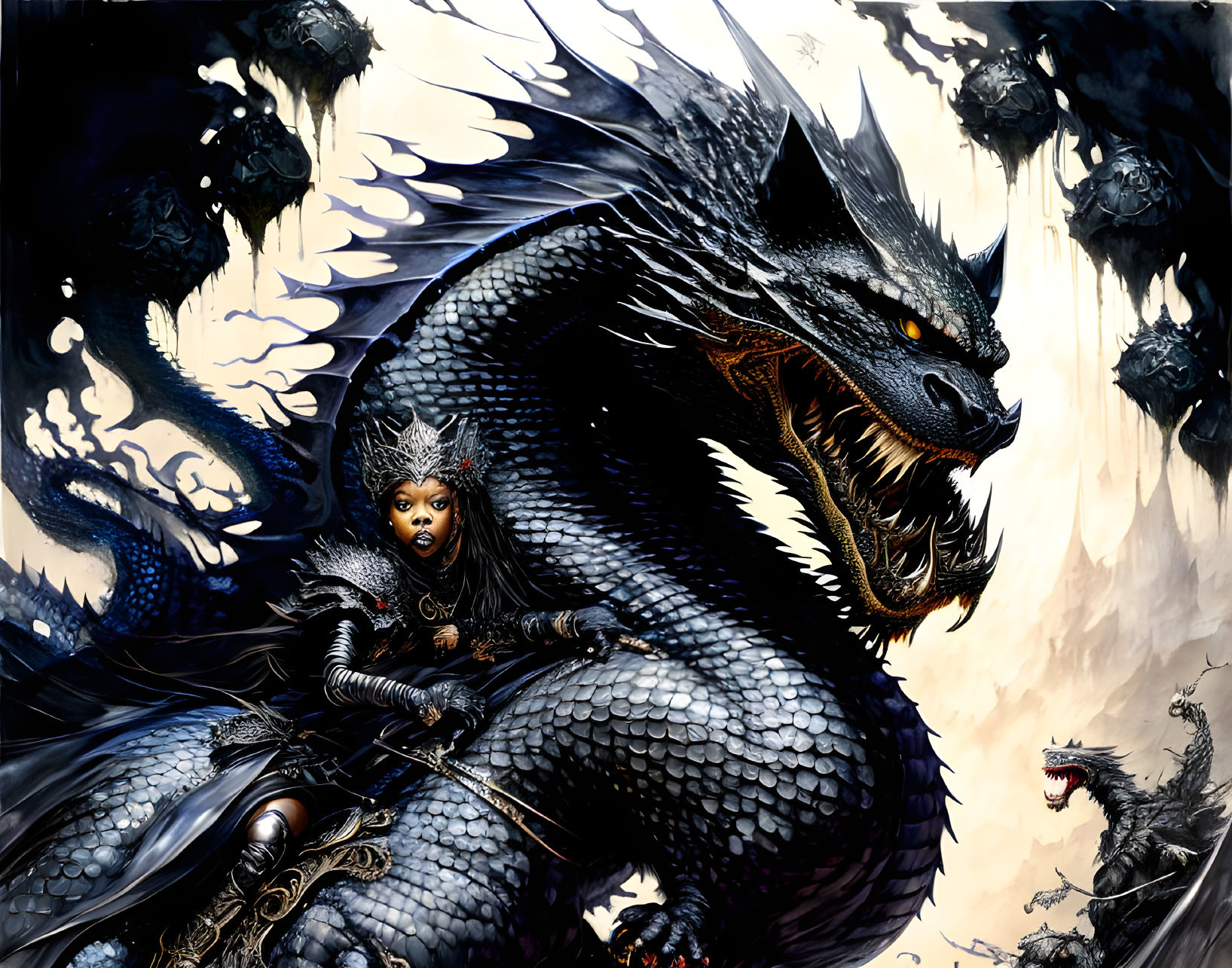 Warrior in black armor on a black dragon with smaller dragons in a dramatic scene