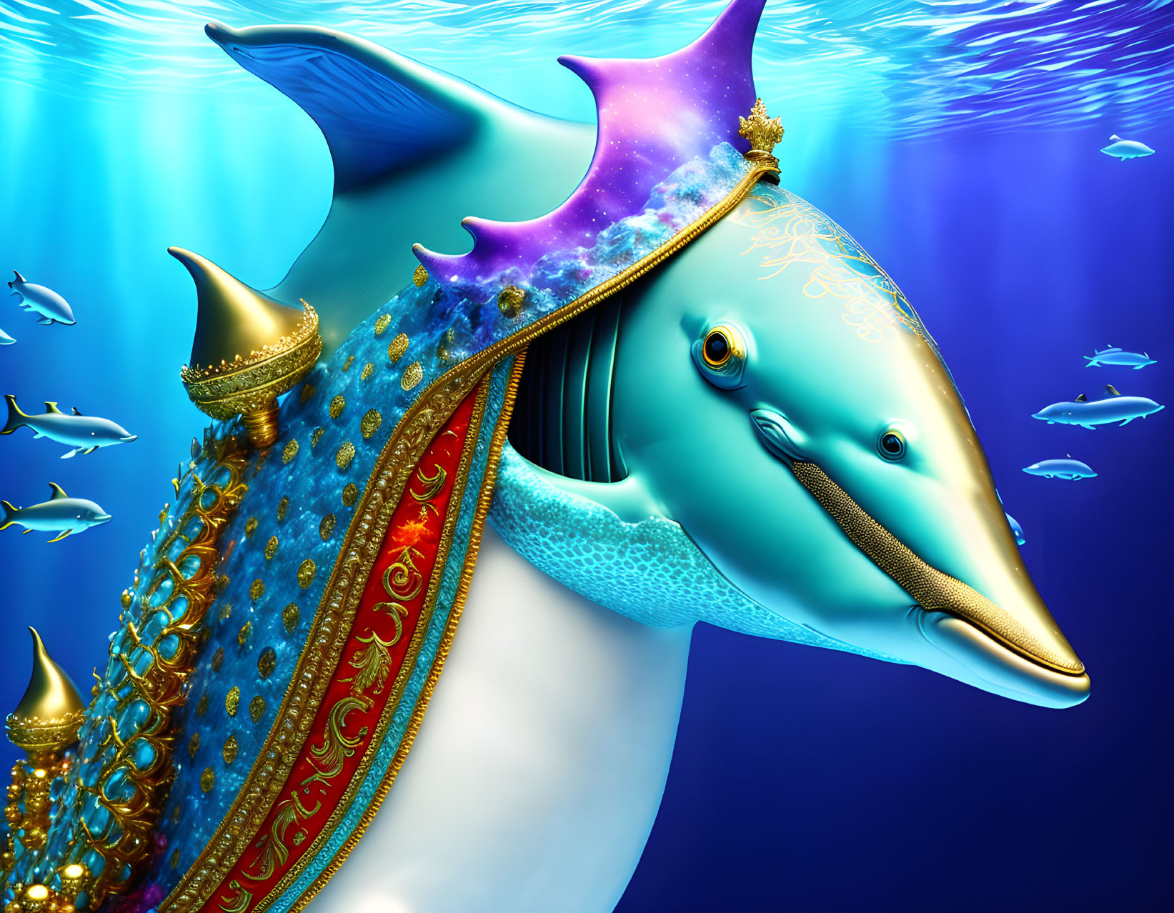 Majestic dolphin with royal saddle and crown swimming in vibrant underwater scene