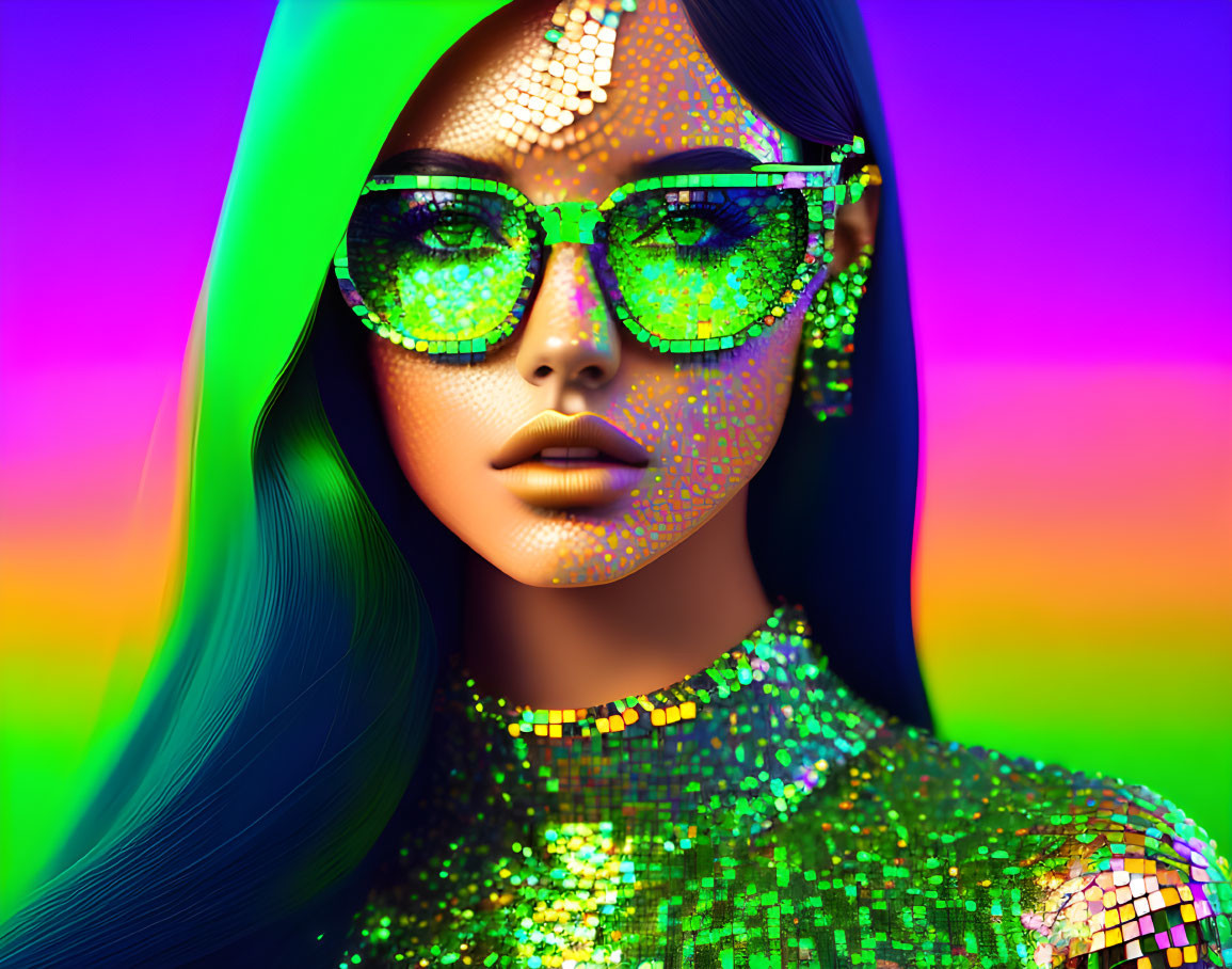 Vibrant digital artwork: woman with sparkling makeup and glasses