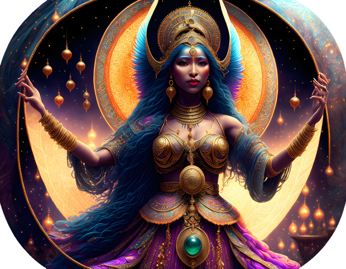 Blue-skinned woman adorned with golden jewelry in cosmic setting