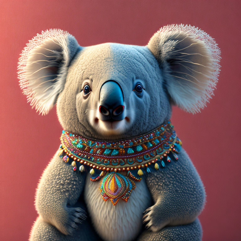 Detailed Anthropomorphic Koala Portrait with Beaded Necklace on Rose Background