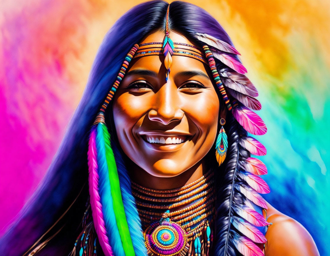 Colorful Portrait of Smiling Woman in Native American Attire