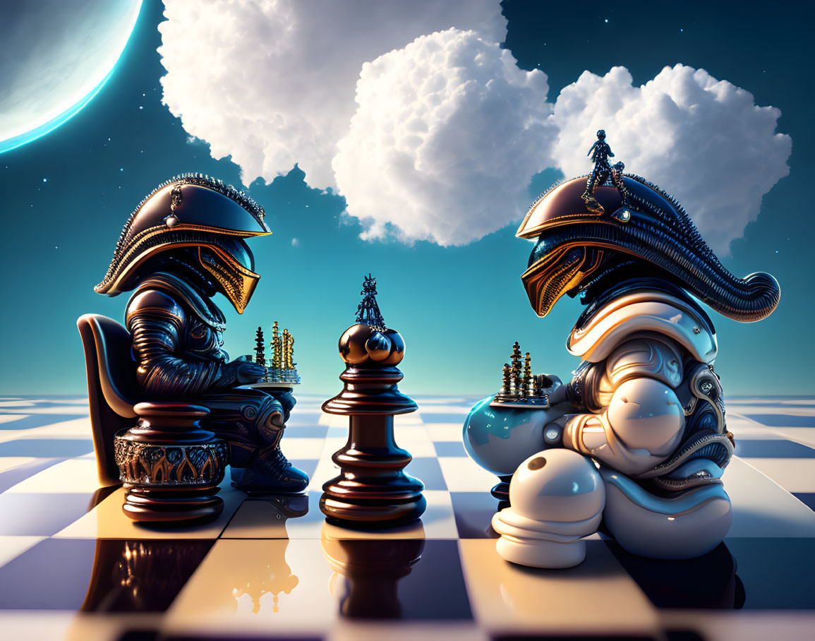 Fantasy-themed chess set with armored knights on surreal sky background