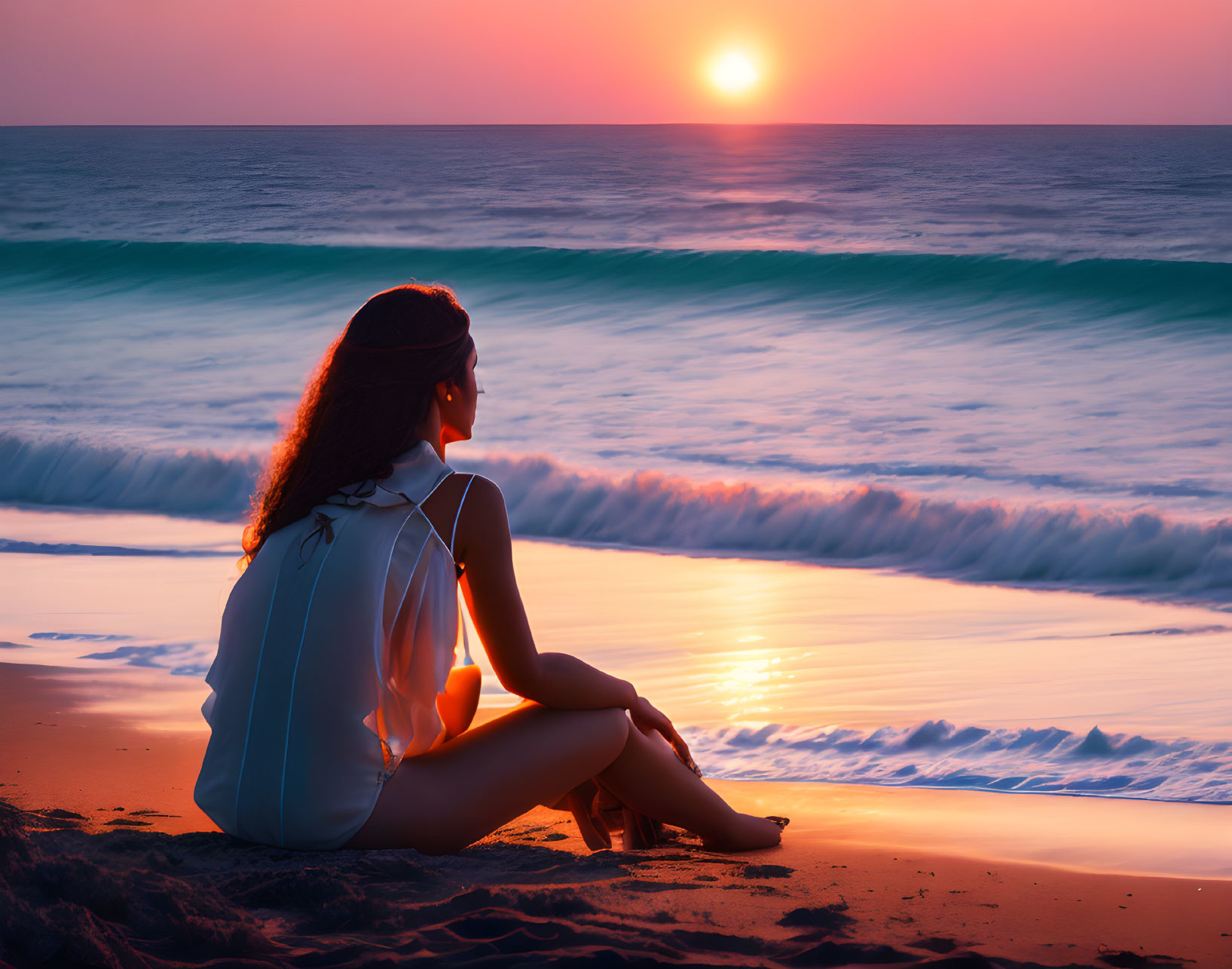 Woman sitting on beach at sunset with vibrant sky and rolling waves