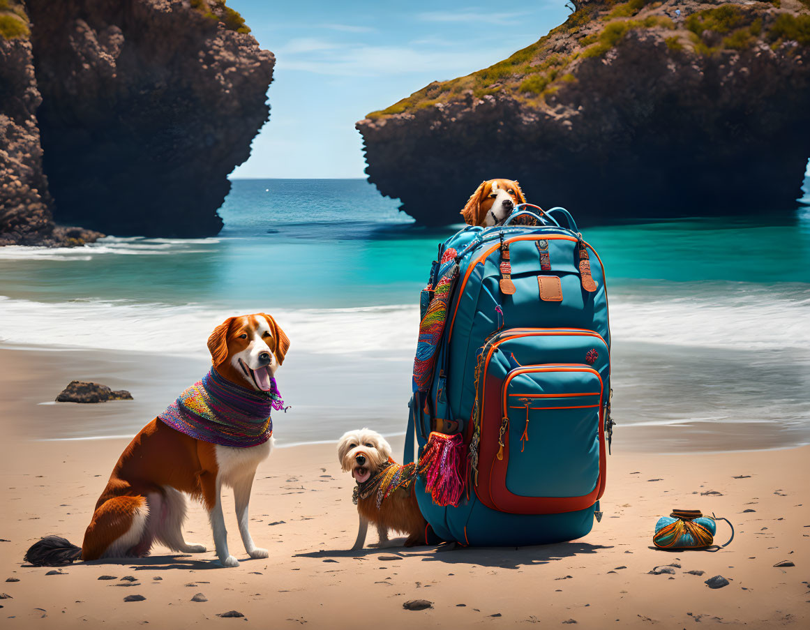 Two dogs with bandanas near blue backpack on sunny beach