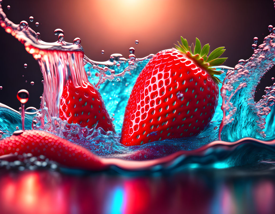 Fresh strawberries with water splashes on colorful backdrop