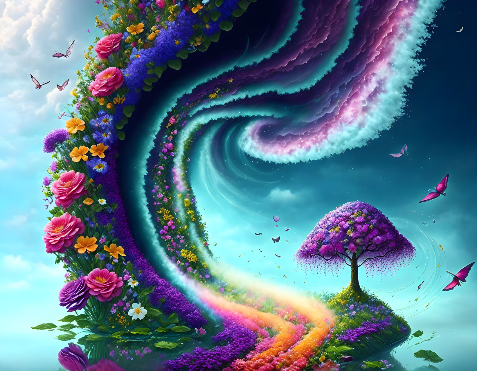 Colorful surreal landscape with swirling floral wave, butterflies, and blooming tree.