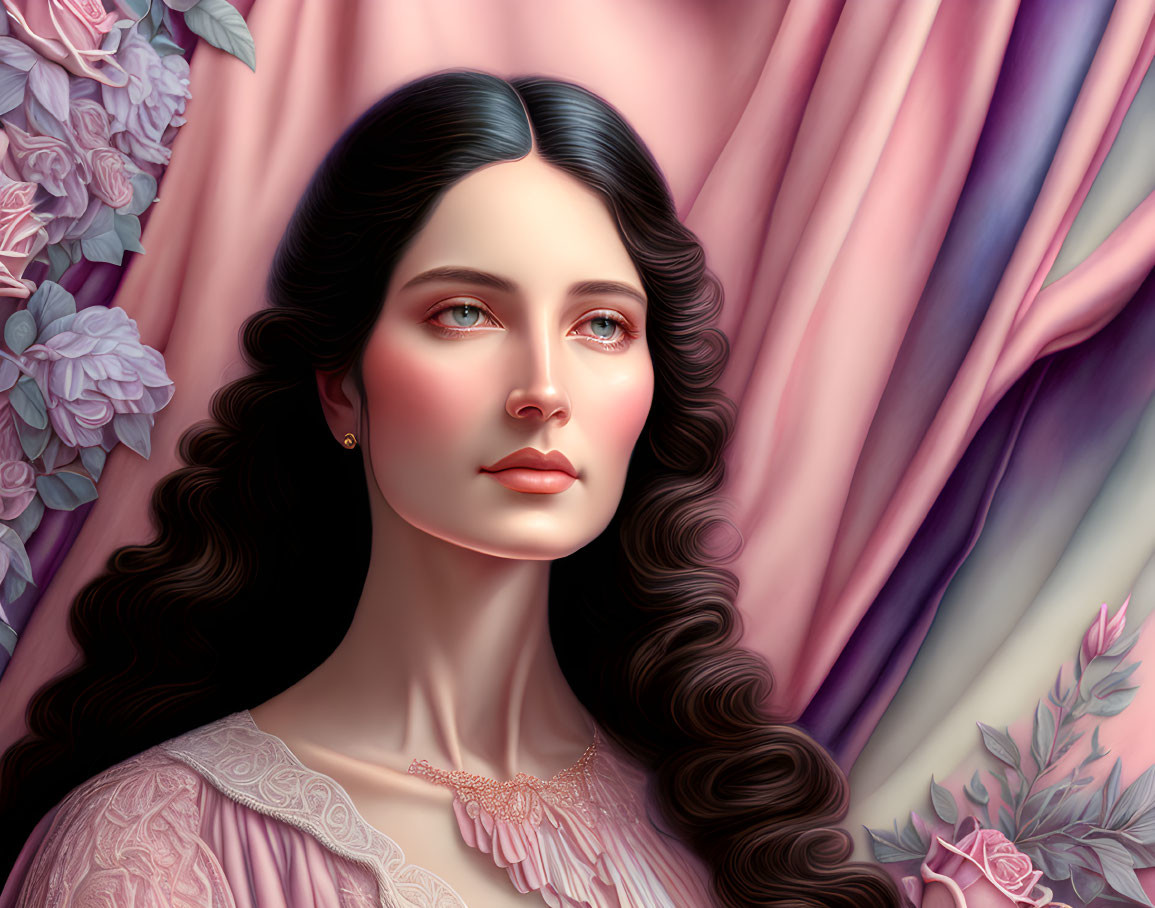 Digital portrait: Woman with long wavy hair and fair skin against pink drapery.