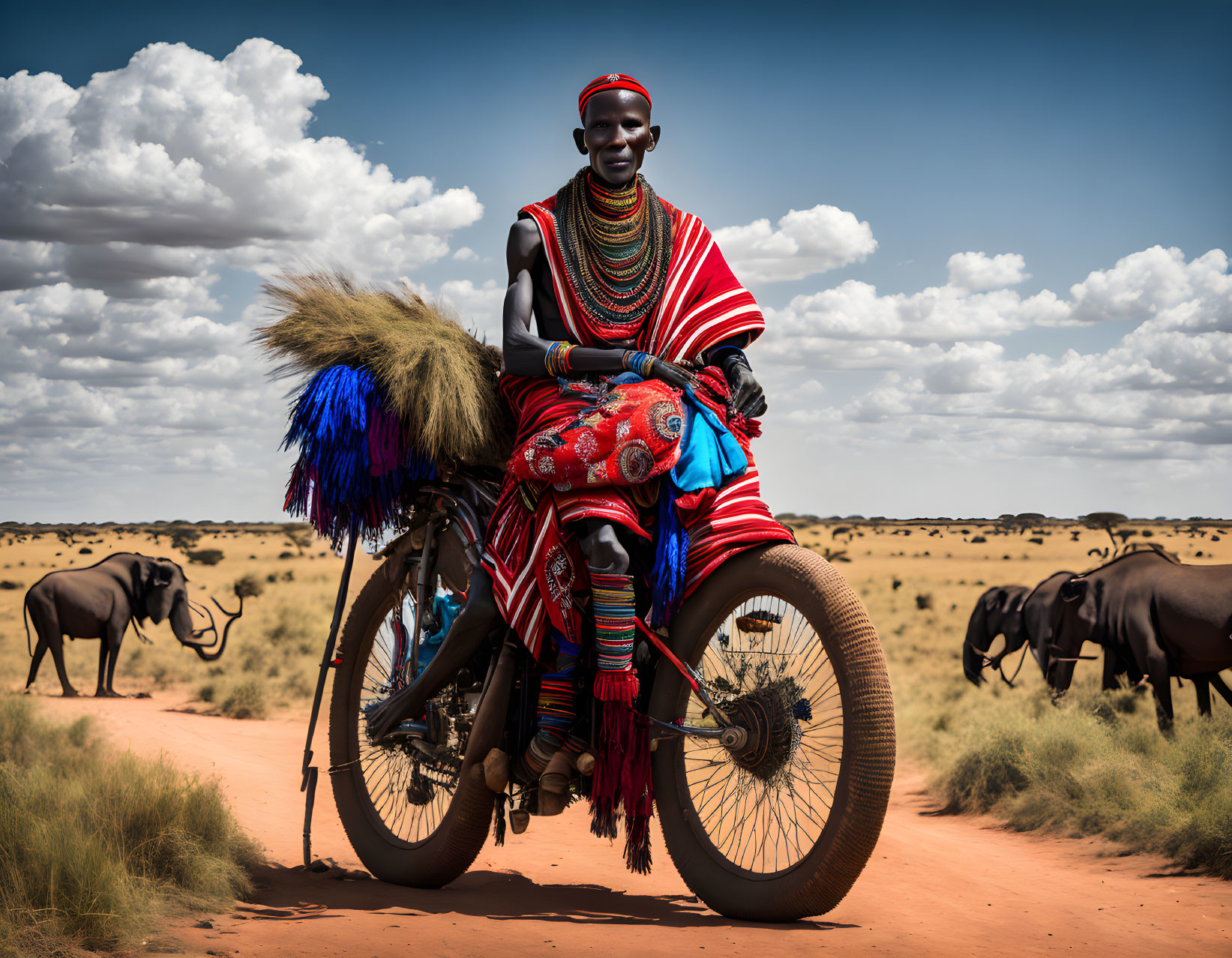 Maasai person in traditional attire with elephants and motorcycle in background