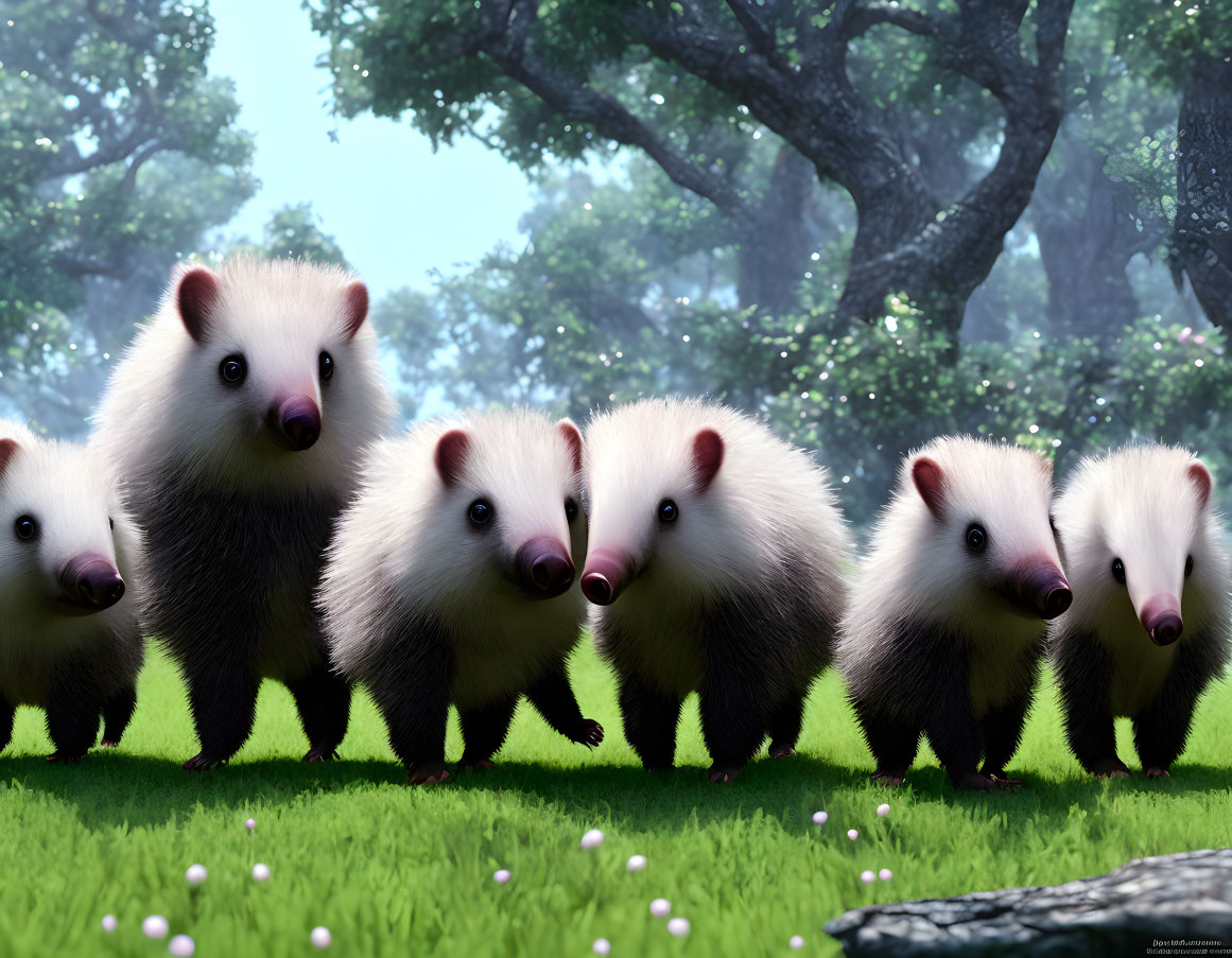 Six animated skunks in lush forest with green trees and white flowers