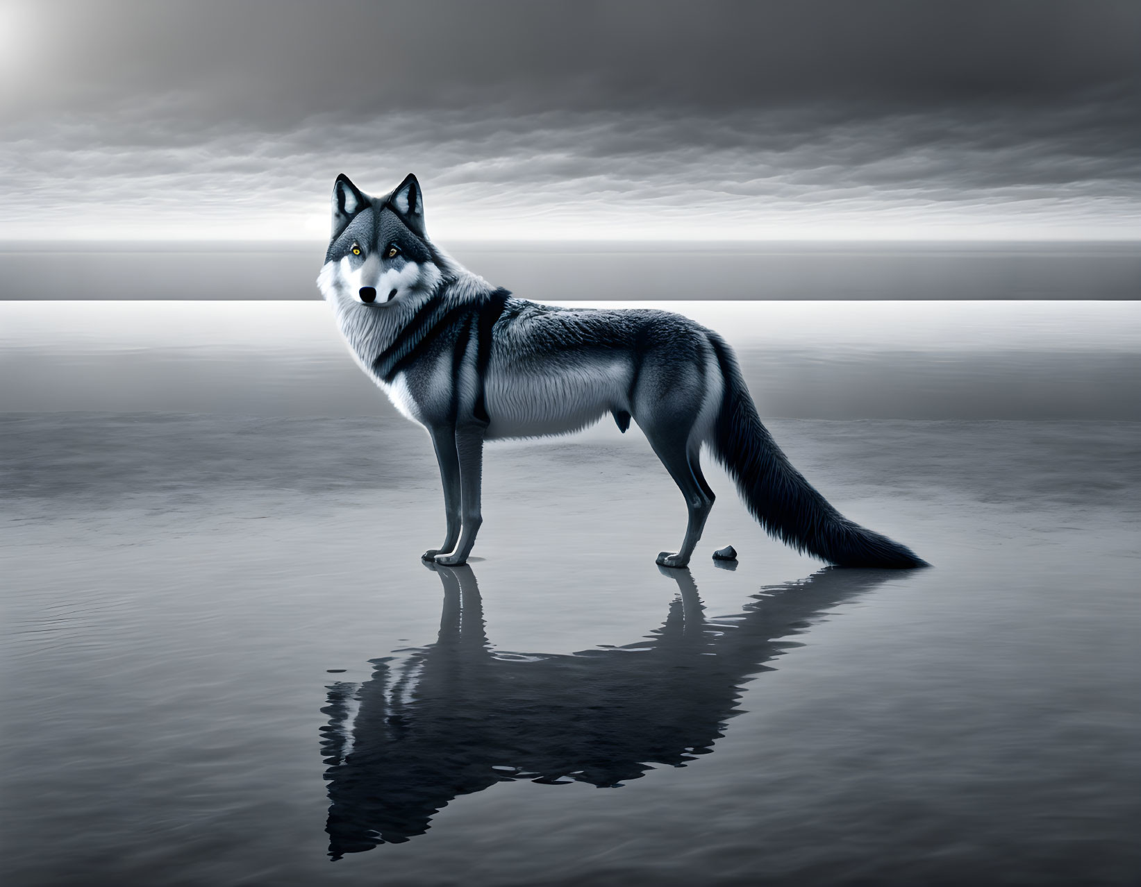 Blue-eyed wolf standing on reflective water under grey sky