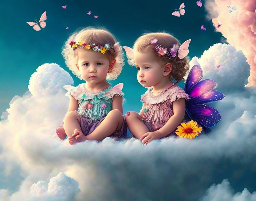 Children with floral crowns on clouds surrounded by butterflies in fantasy setting