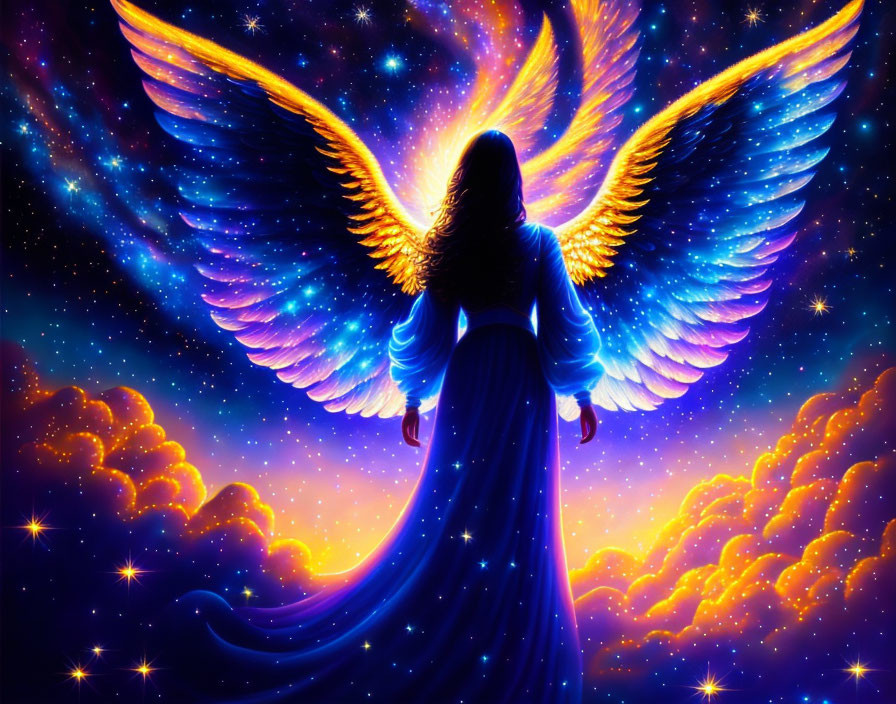 Ethereal figure with radiant blue wings in starry sky