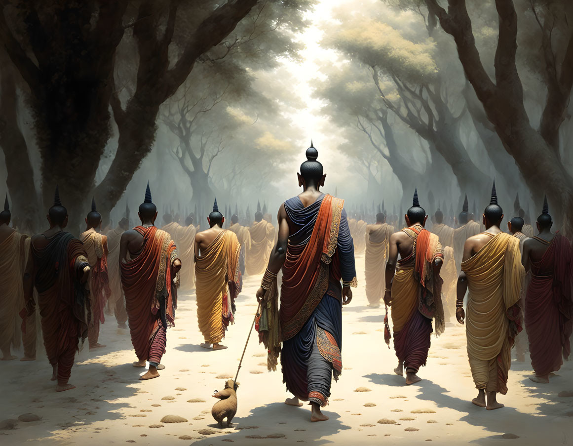 Robed Figures in Ceremonial Headgear Walking Through Misty Forest